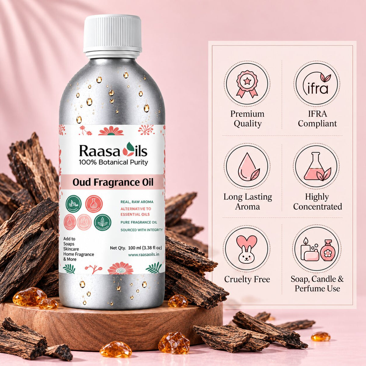 A bottle of Raasa oils 100% Botanical Purity Oud Fragrance Oil is displayed on a wooden stand surrounded by dried wood pieces and amber crystals, next to a feature infographic card highlighting its premium quality, IFRA compliance, and long-lasting aroma.