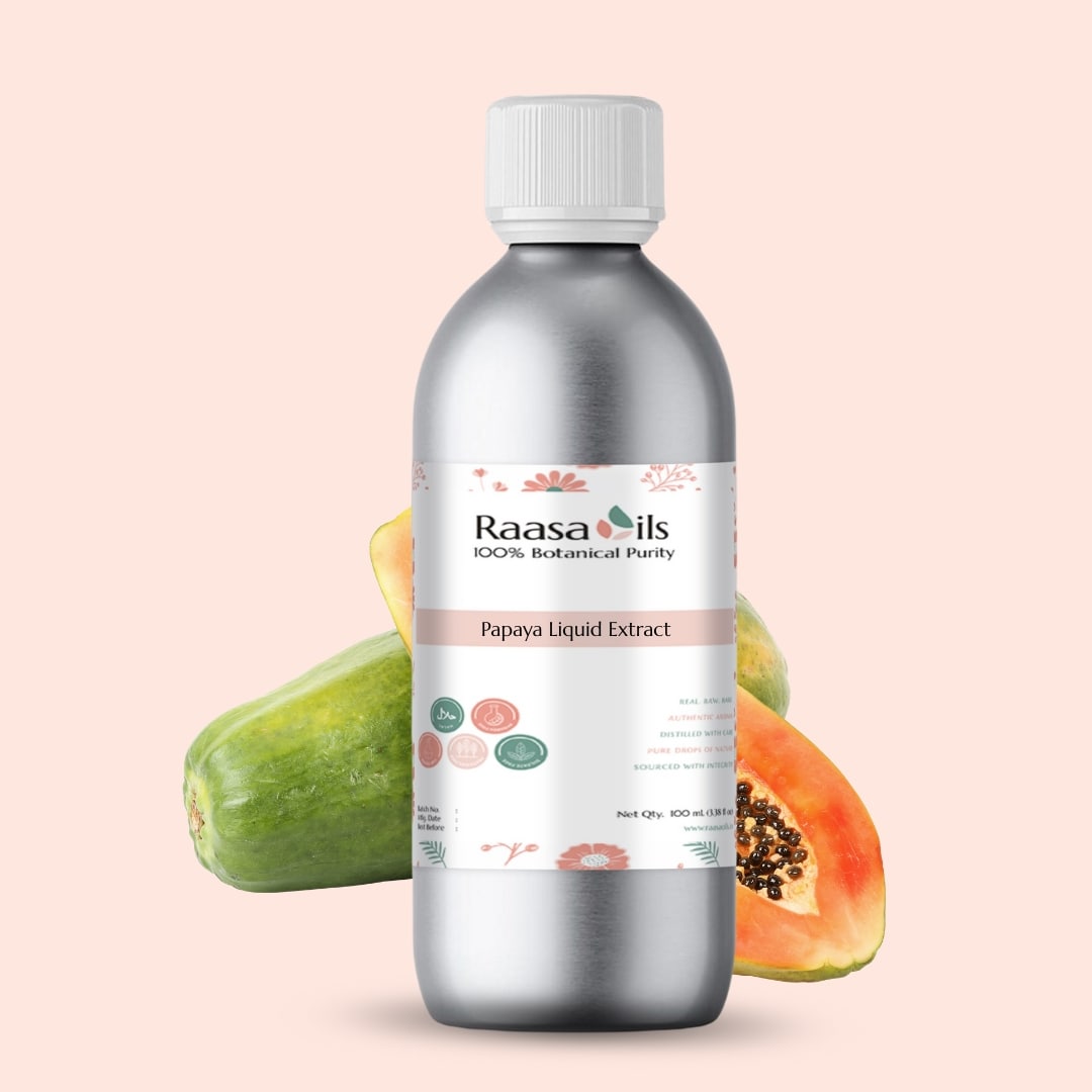 Bottle of Raasa Oils Papaya Liquid Extract with papaya fruit on a light pink background