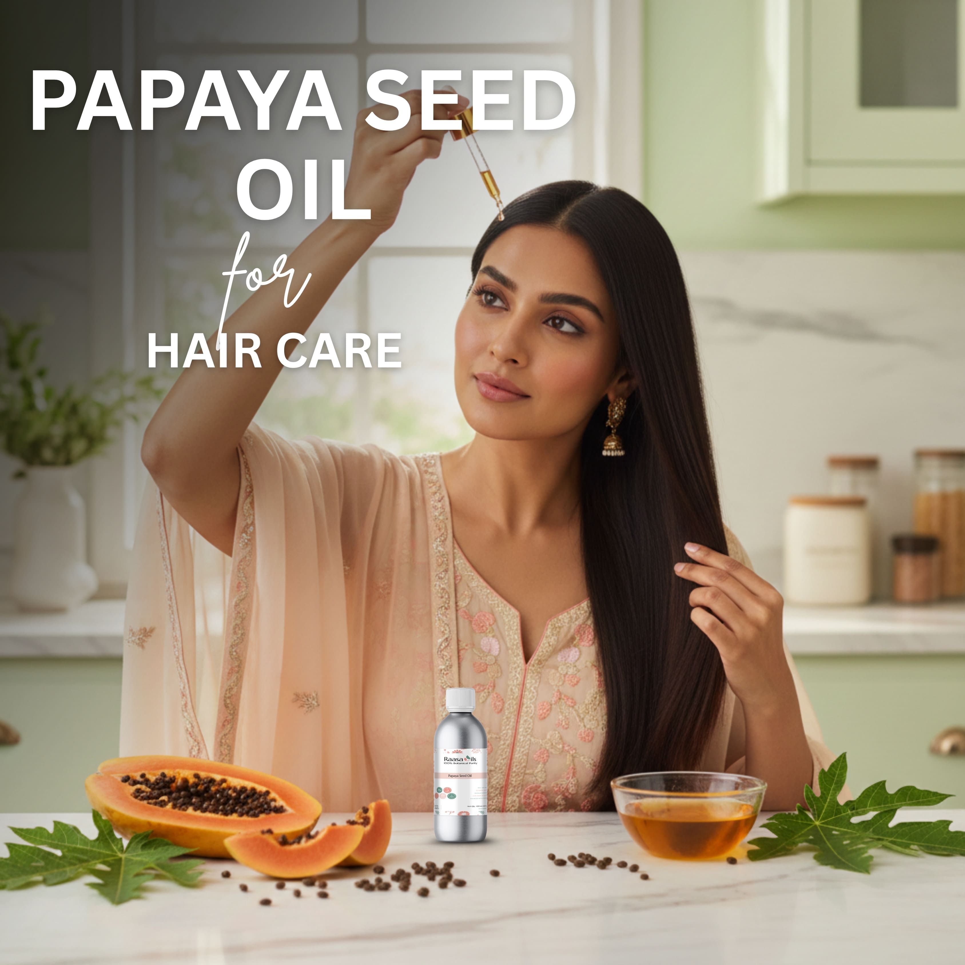 Woman using papaya seed oil for hair care with ingredients on a table.