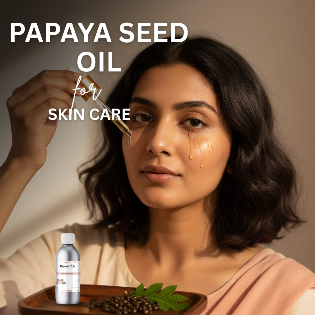 Woman with papaya seed oil droplet on face, with product and leaves on tray