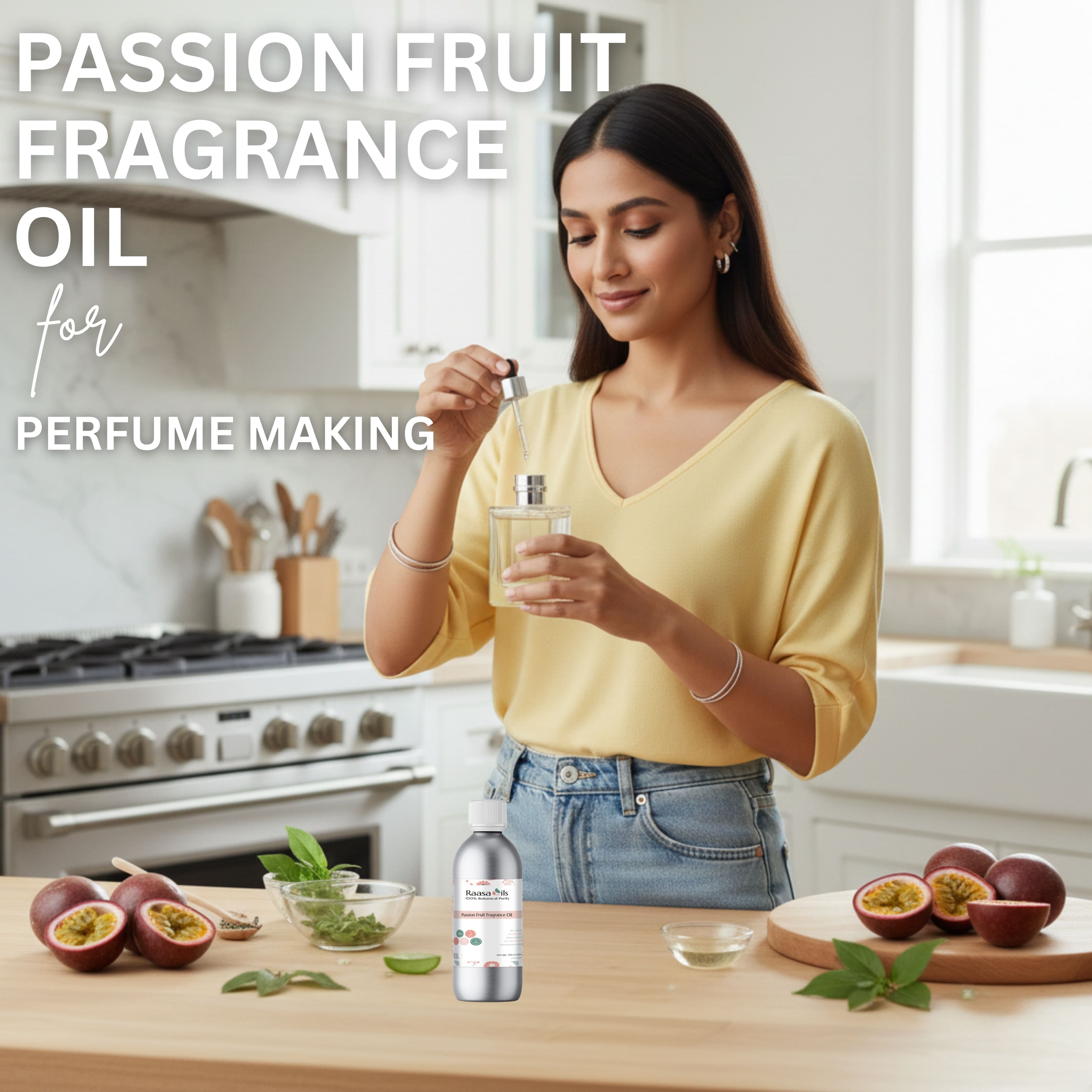 Woman holding a bottle of passion fruit fragrance oil in a kitchen setting with passion fruits on the counter.