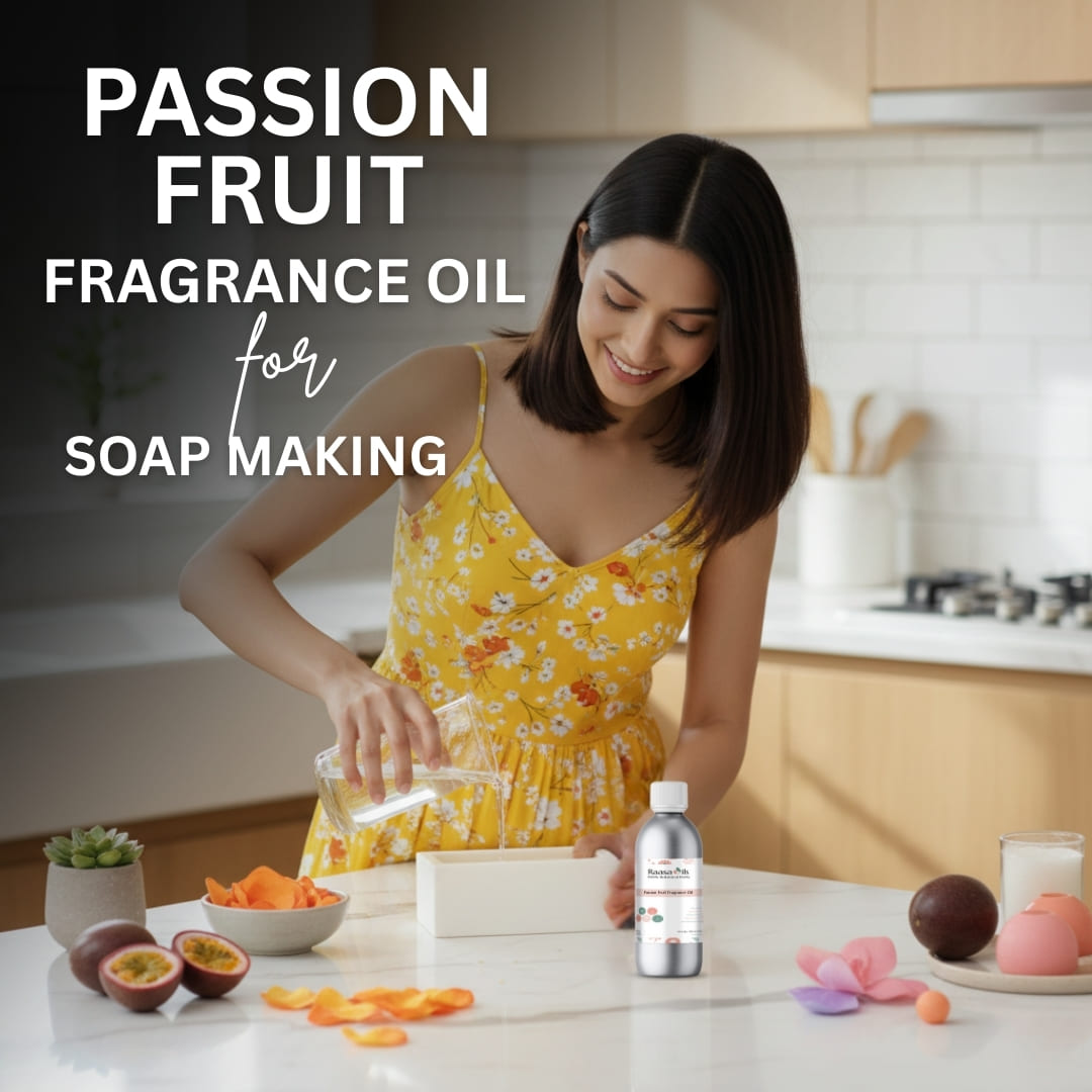 Woman in a kitchen with passion fruit and a bottle of fragrance oil, promoting passion fruit fragrance oil for soap making.