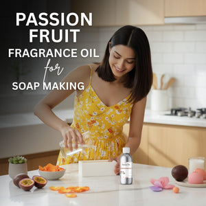 Woman in a kitchen with passion fruit and a bottle of fragrance oil, promoting passion fruit fragrance oil for soap making.