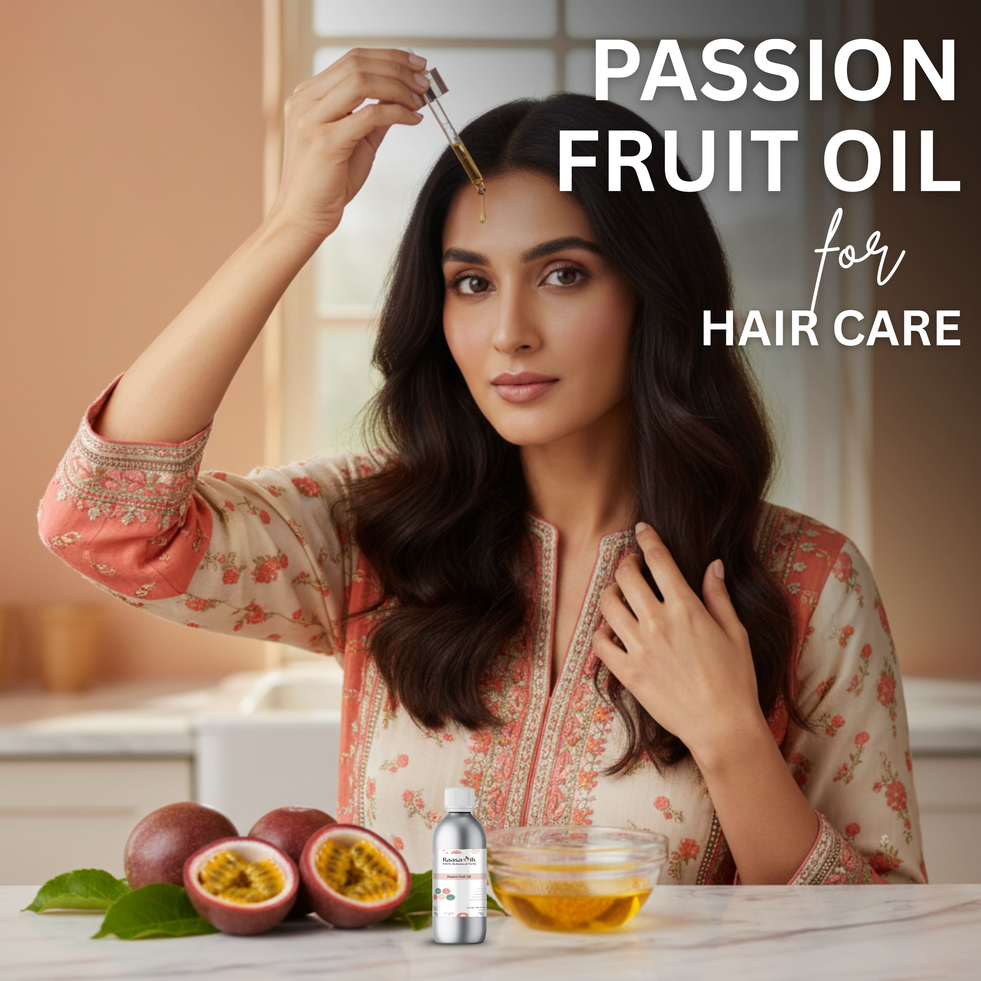 Woman with long dark hair holding a dropper of passion fruit oil, with passion fruits and oil bottle on a table.