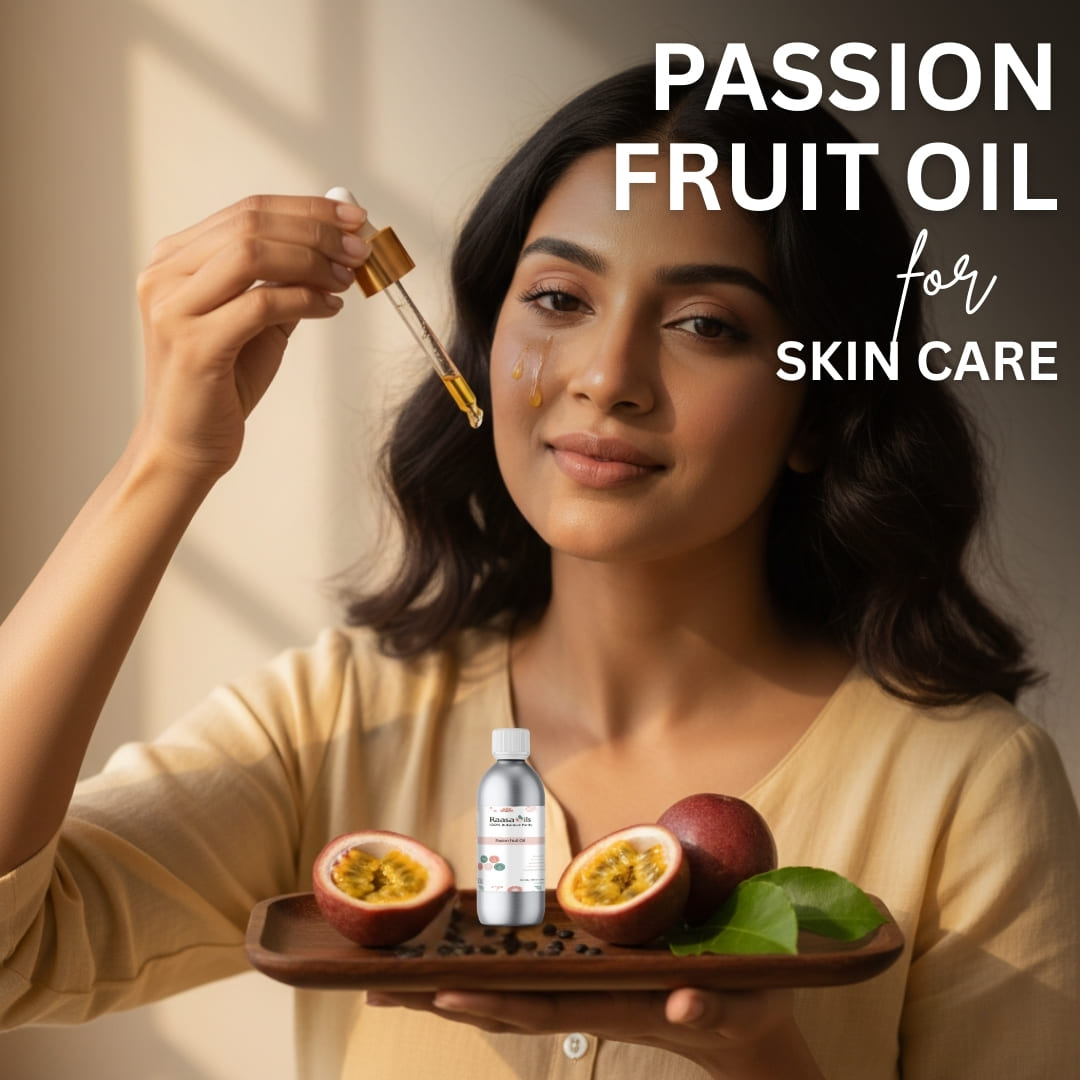 Woman holding passion fruit oil with a dropper and passion fruits on a tray, against a neutral background.