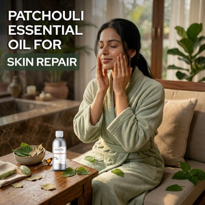 Woman in a bathrobe applying patchouli essential oil to her face with text about skin repair.