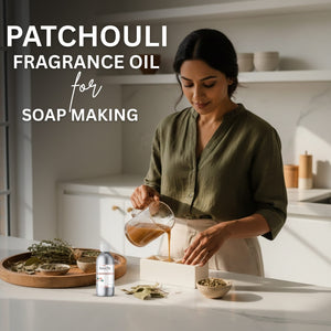 Woman pouring a liquid into a container with text about patchouli fragrance oil for soap making.