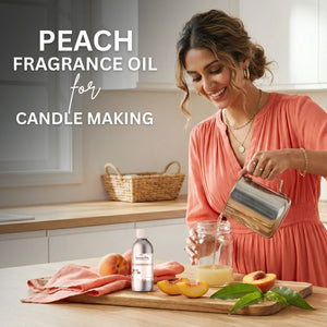 Woman pouring peach fragrance oil into a jar with text 'Peach Fragrance Oil for Candle Making' in a kitchen setting.