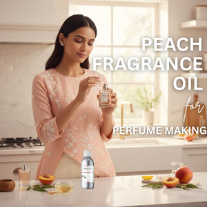 Woman holding a bottle of peach fragrance oil in a kitchen setting with text overlay.