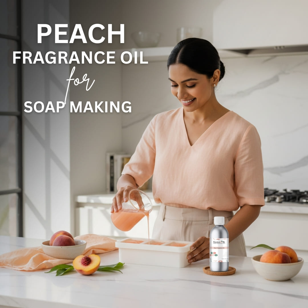 Woman in a kitchen preparing peach-scented soap with a bottle of peach fragrance oil.