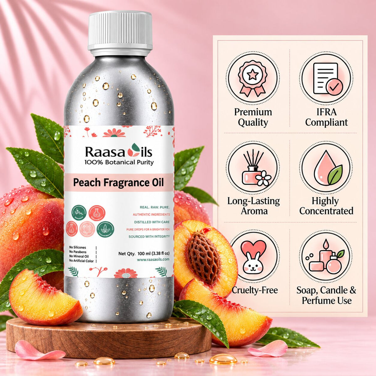 A bottle of Raasa Oils Peach Fragrance Oil displayed on a wooden stand with fresh peaches and green leaves around it, next to an informational graphic detailing product benefits.