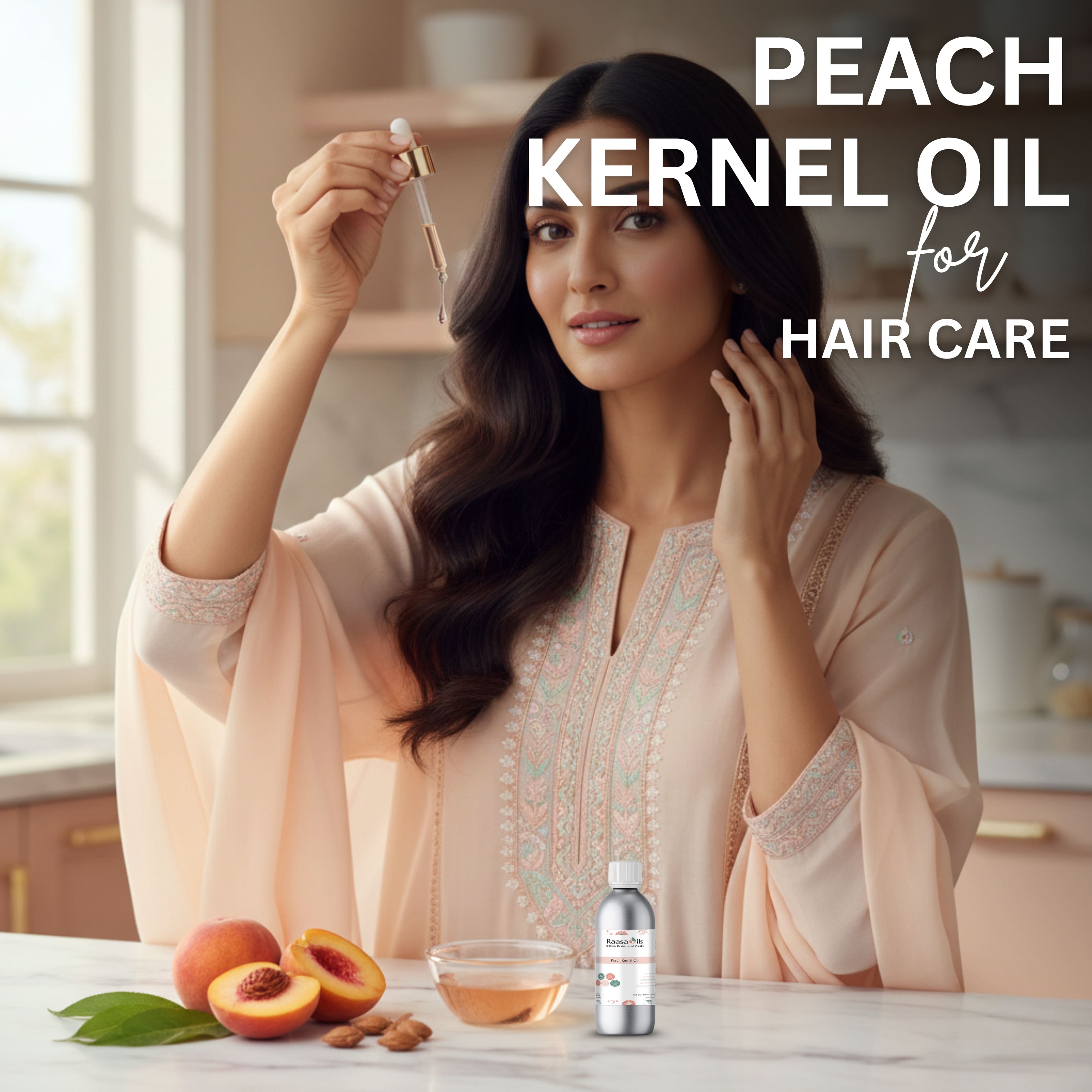 Woman applying peach kernel oil to her hair with text about the product.