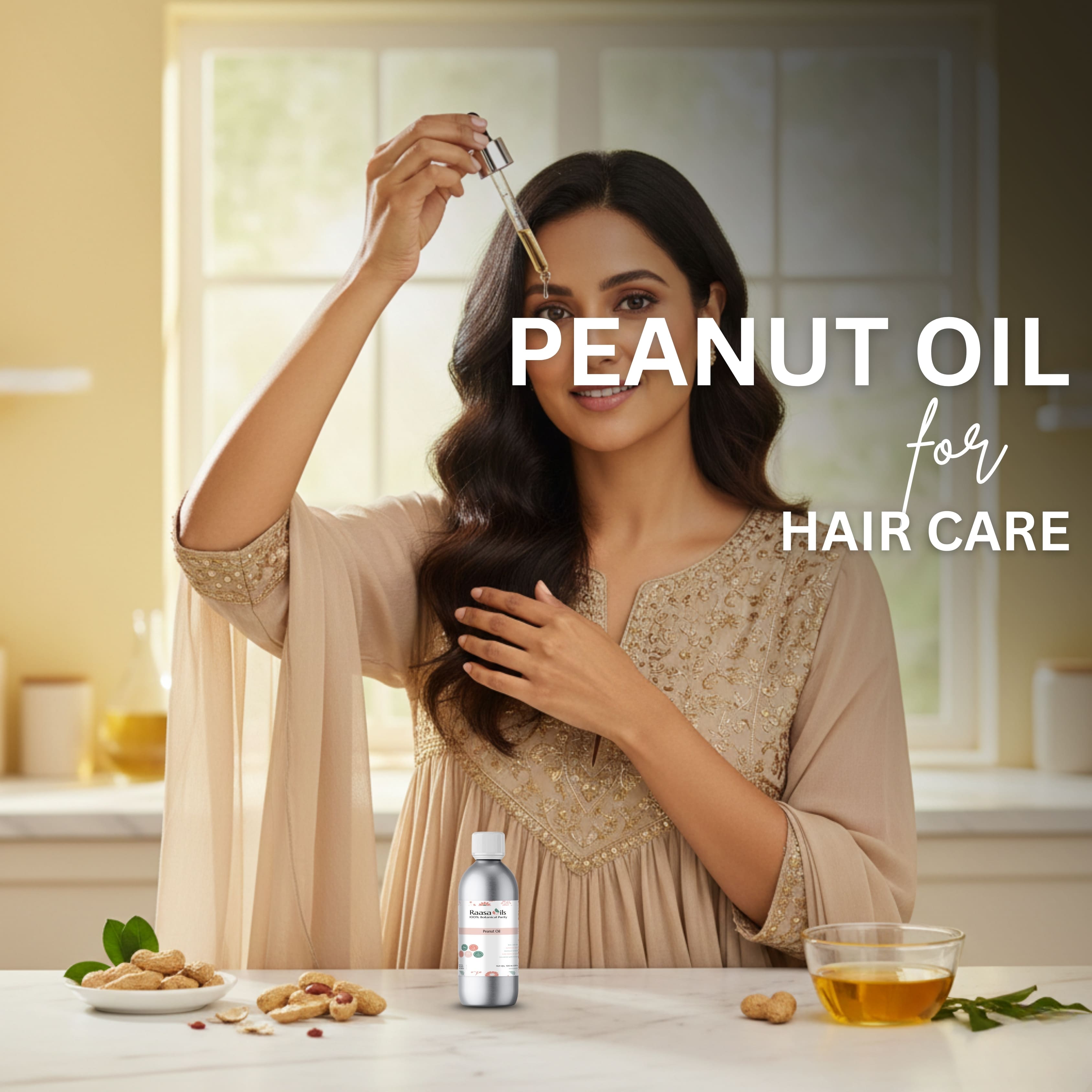 Woman applying peanut oil to her hair with a dropper, surrounded by peanuts and a bottle of oil.