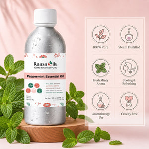 A bottle of Raasa Oils Peppermint Essential Oil stands on a wooden tray with mint leaves around it against a soft pink background. A product information panel with icons and text appears on the right side of the image.