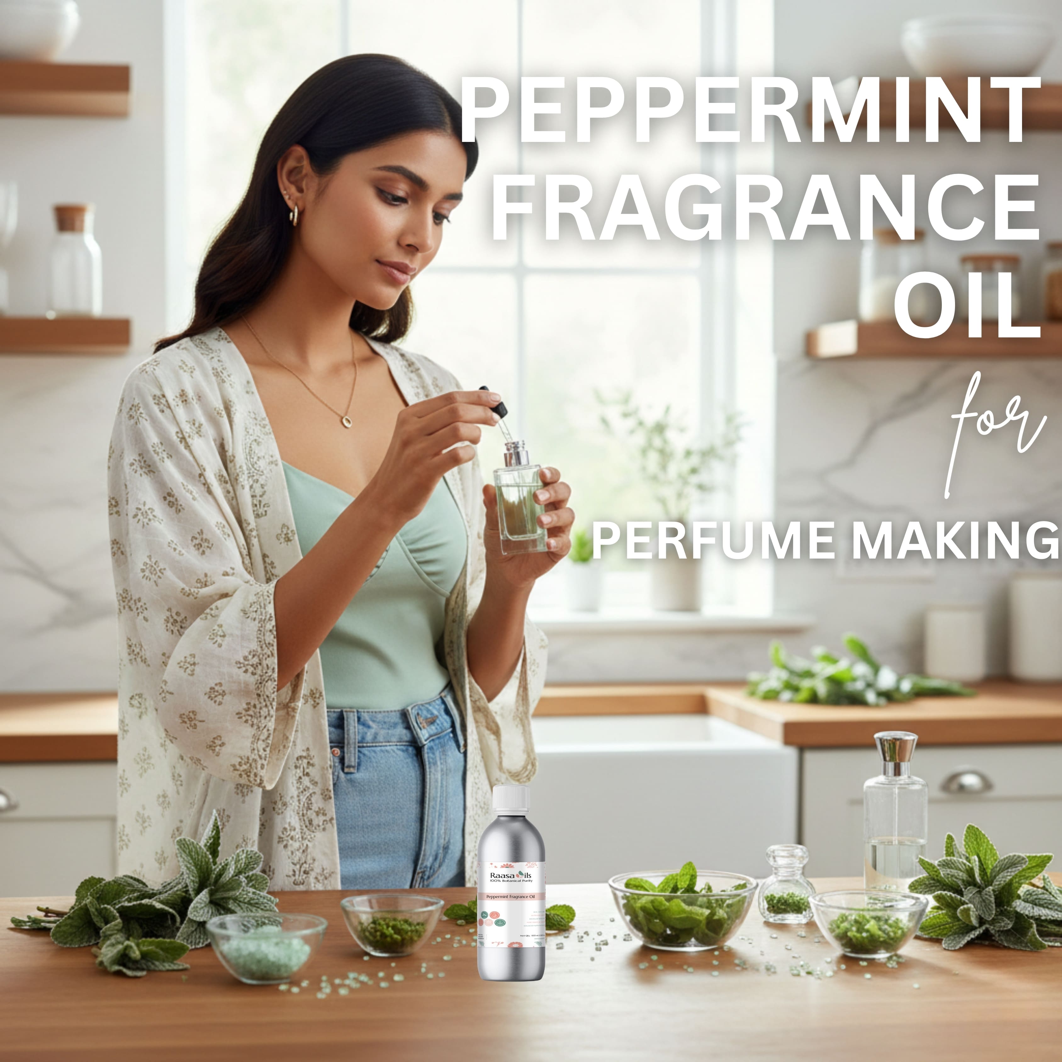 Woman in a kitchen holding a bottle of peppermint fragrance oil with text overlay.