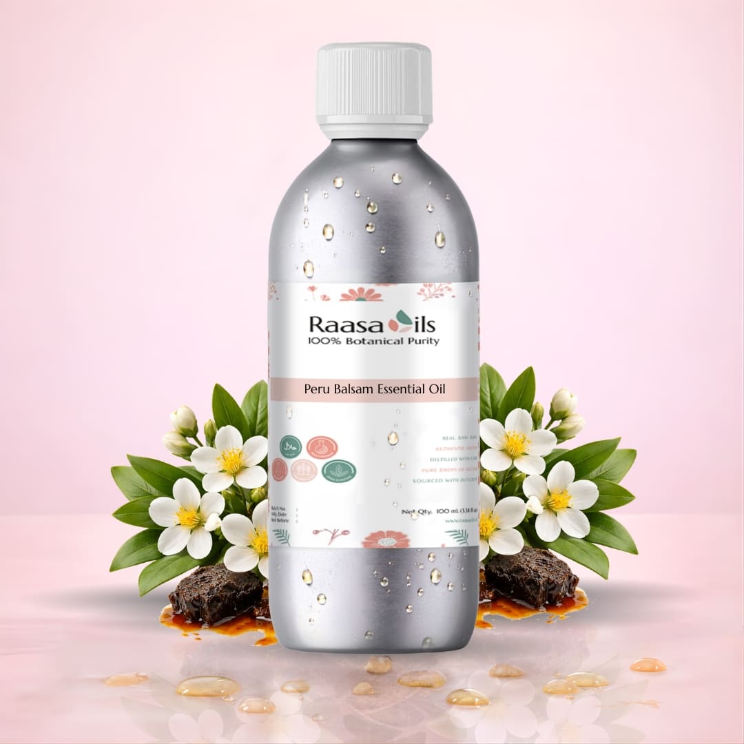 Raasa Oils Peru Balsam Essential Oil bottle with flowers on a pink background