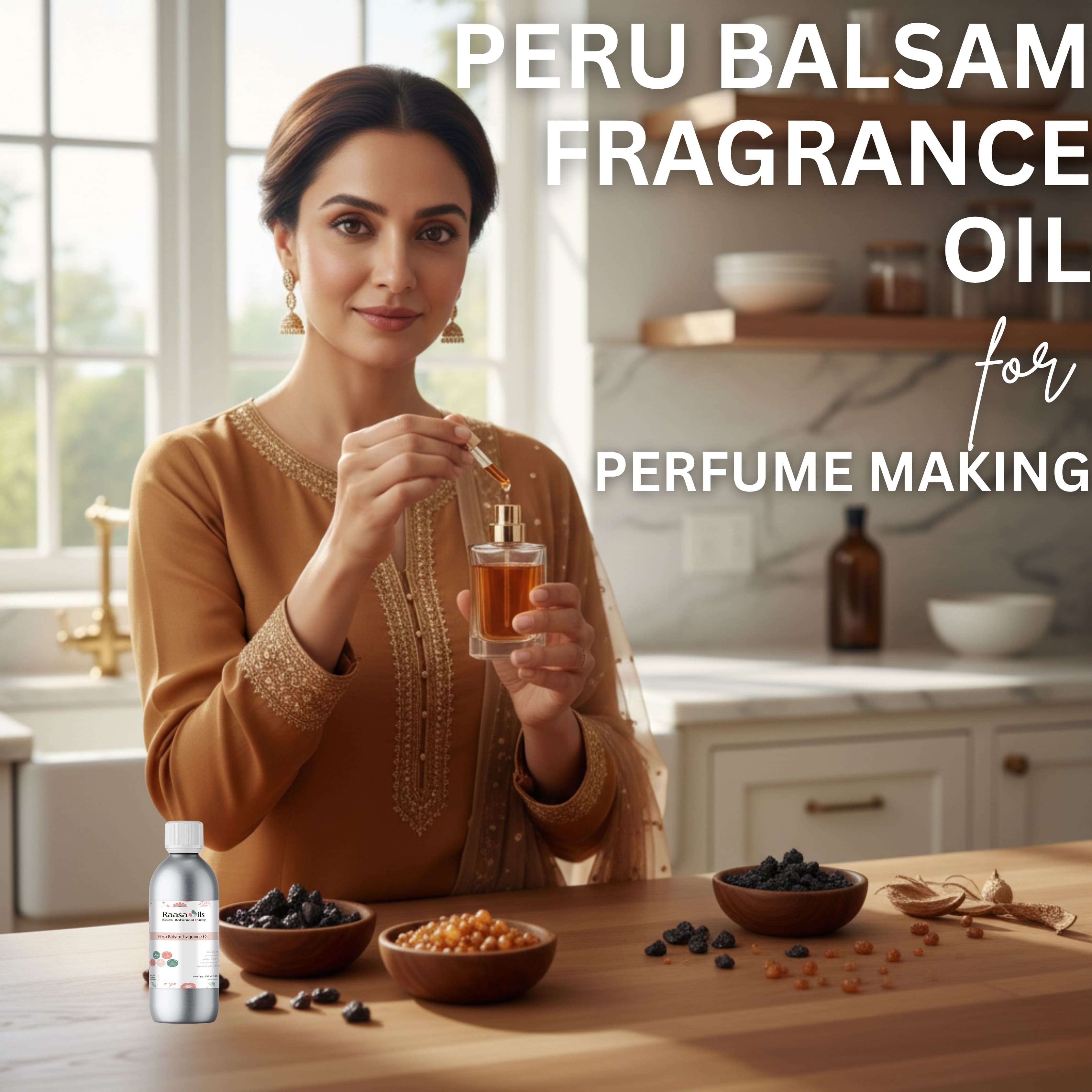 Woman holding a bottle of Peru Balsam fragrance oil in a kitchen setting with ingredients on the table.