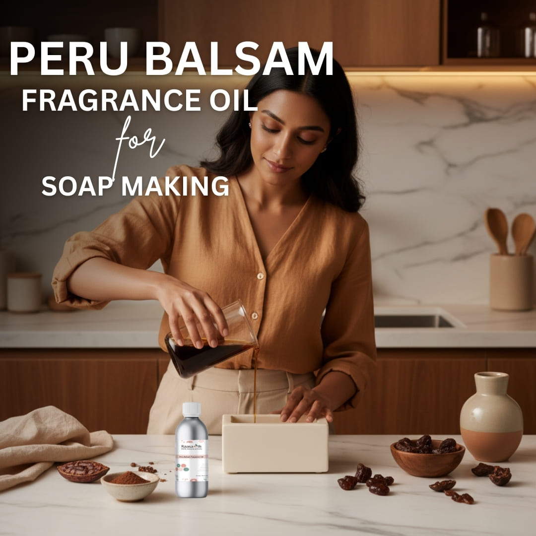 Woman pouring a liquid into a container with text about Peru Balsam fragrance oil for soap making.