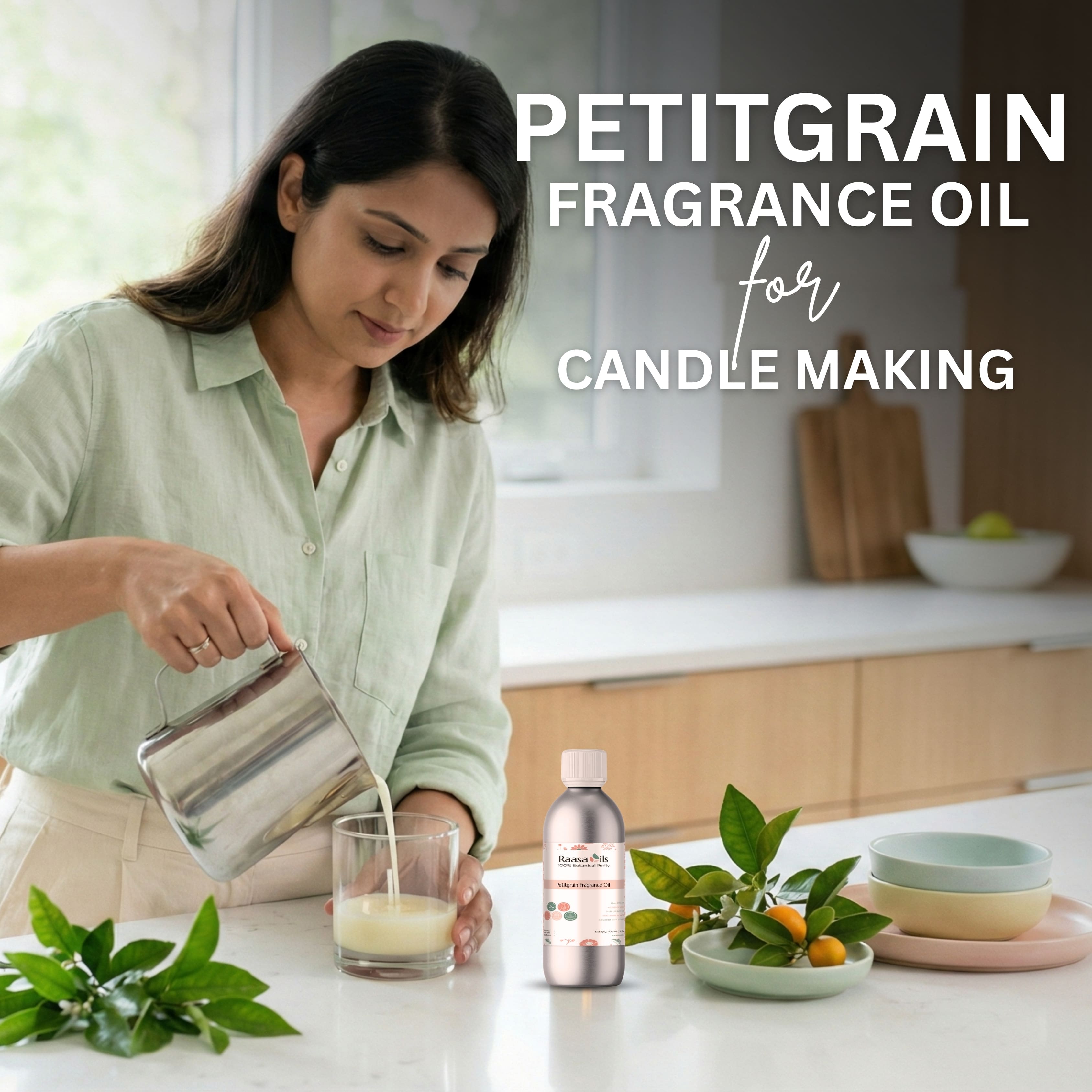 Woman pouring liquid into a glass with Petitgrain fragrance oil for candle making, surrounded by natural elements.
