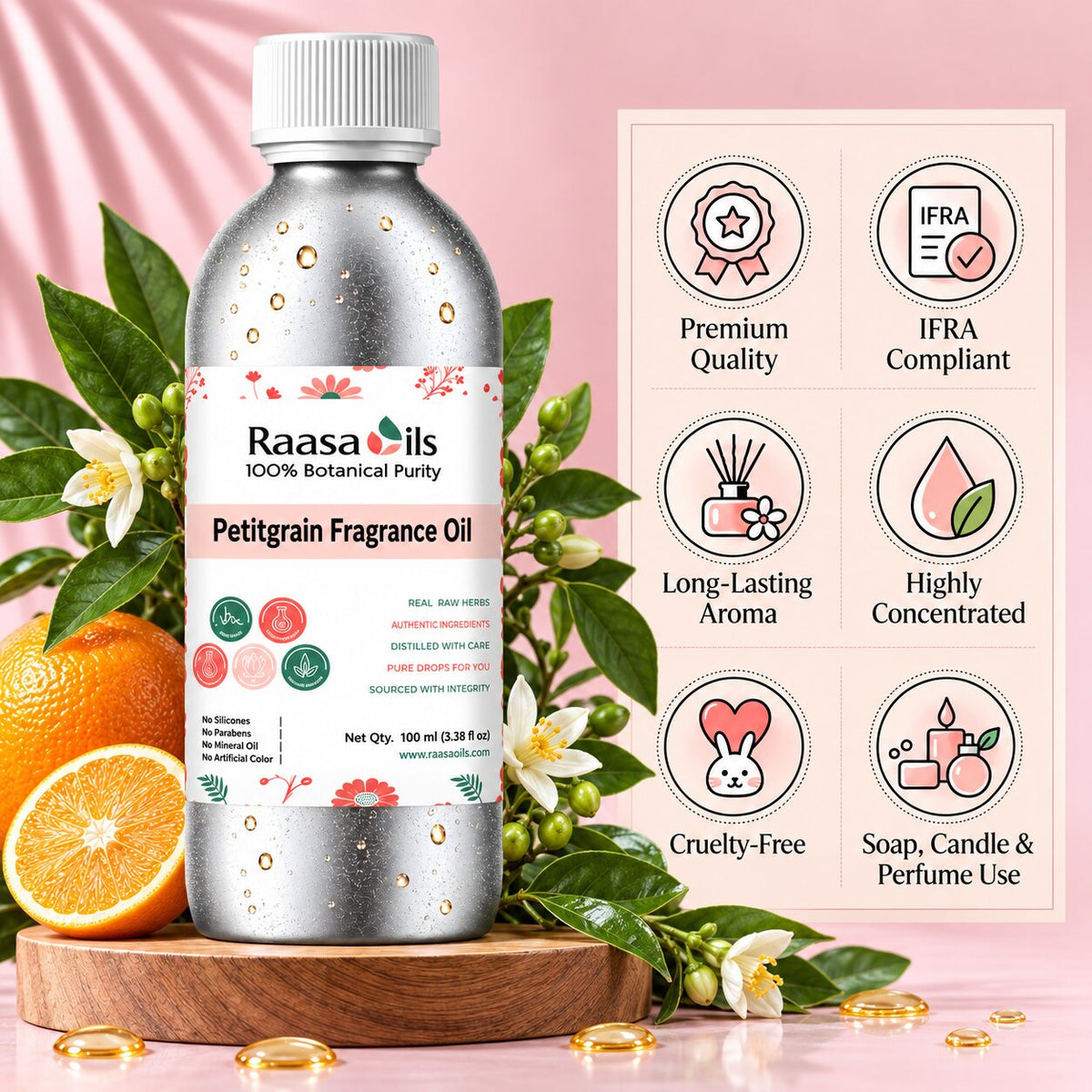 A bottle of Raasa Oils Petitgrain Fragrance Oil displayed on a wooden stand with oranges, white flowers, and green leaves. To the right is an informational graphic card detailing product features.