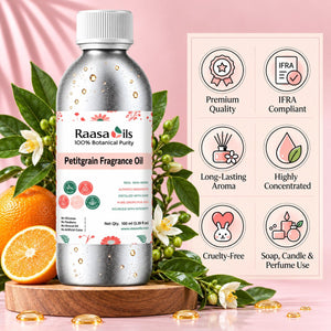 A bottle of Raasa Oils Petitgrain Fragrance Oil displayed on a wooden stand with oranges, white flowers, and green leaves. To the right is an informational graphic card detailing product features.