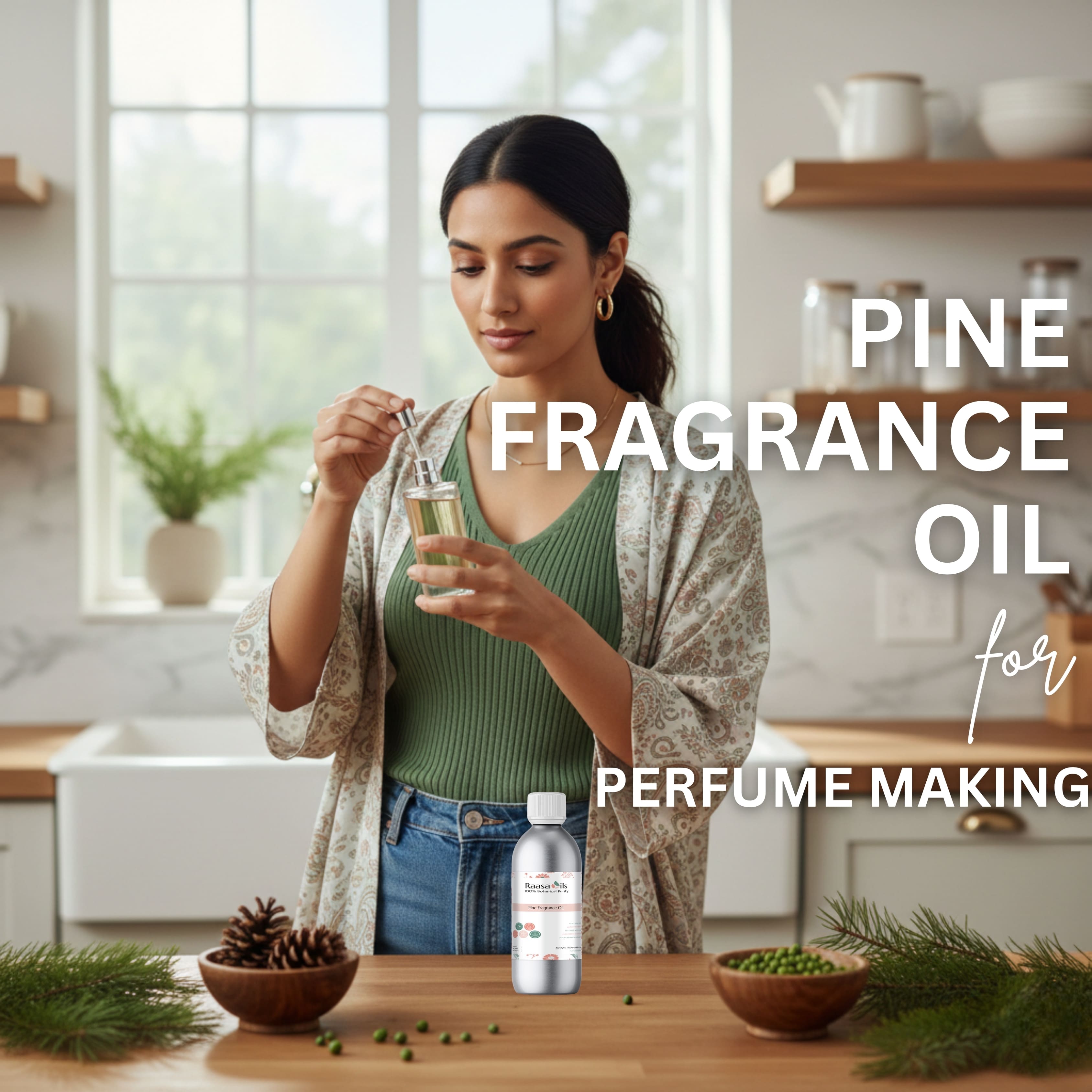 Woman holding a bottle of pine fragrance oil in a kitchen setting with text overlay.