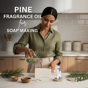 Woman in a kitchen preparing soap with pine fragrance oil text overlay