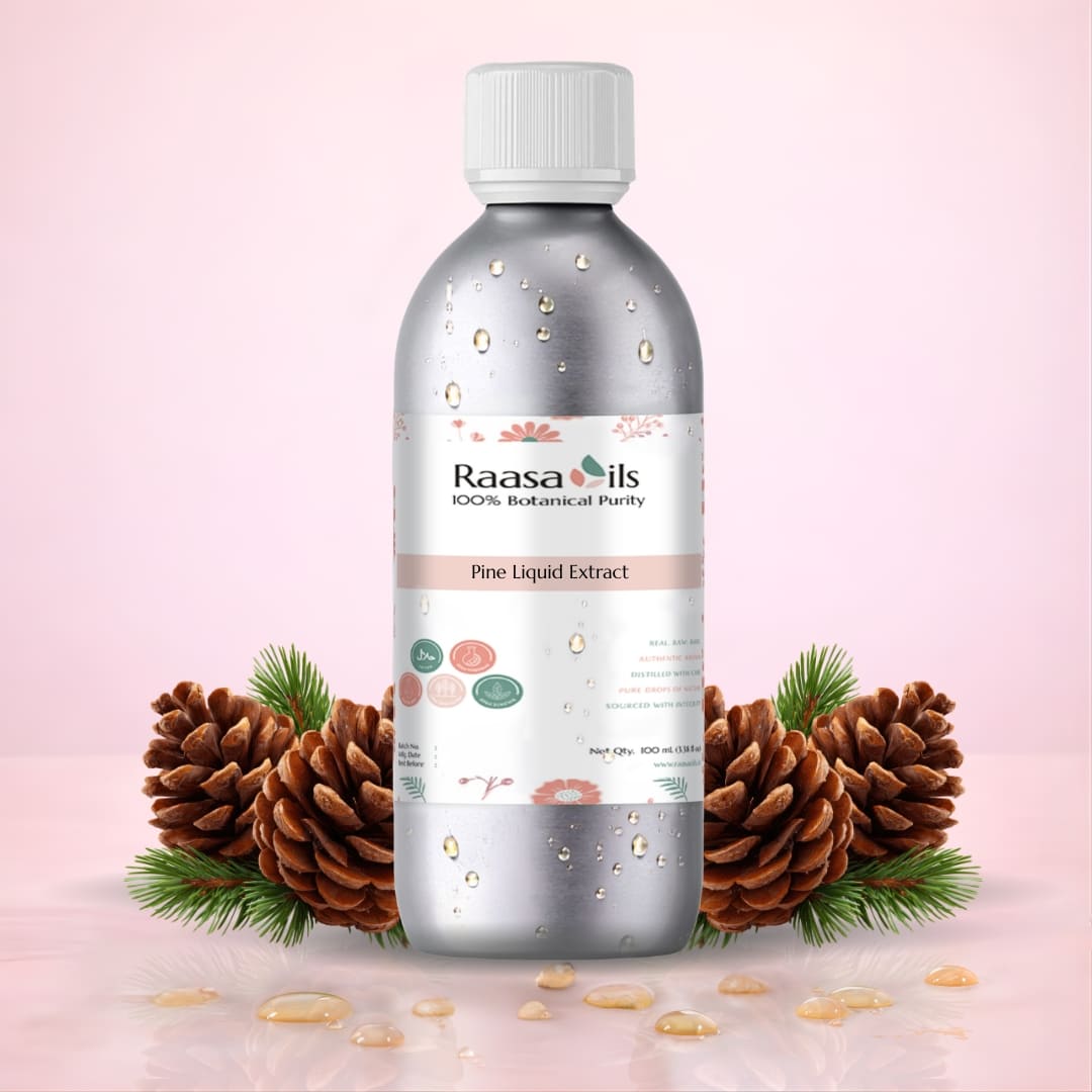 Raasa Oils Pine Liquid Extract bottle with pine cones and leaves on a pink background