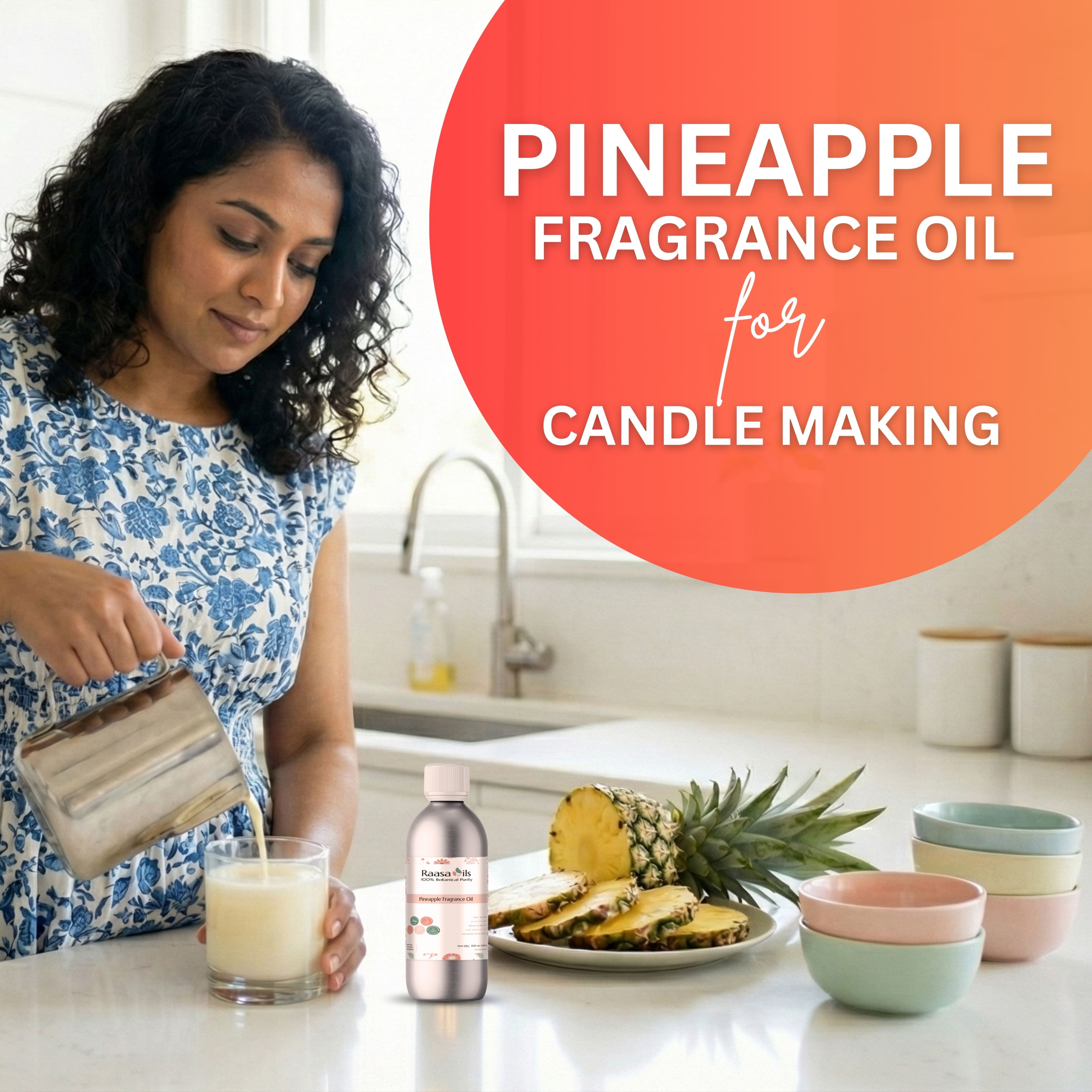 Woman in a kitchen with pineapple, fragrance oil, and candle-making ingredients.