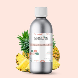 Bottle of Raasa Oils Pineapple Liquid Extract with a pineapple on a light pink background