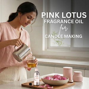 Woman pouring liquid into a jar with 'Pink Lotus Fragrance Oil' text overlay