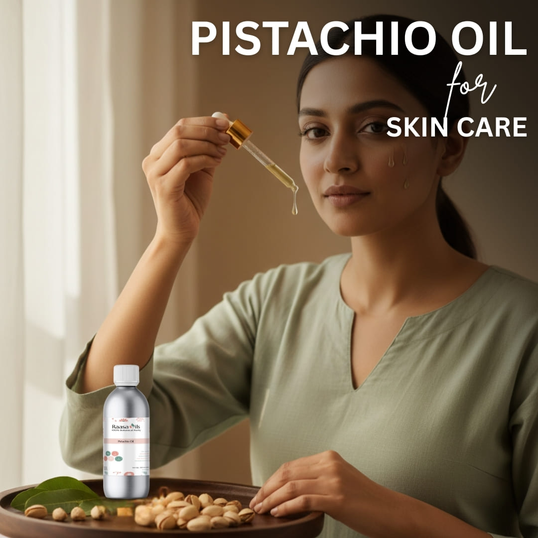 Woman holding a dropper with pistachio oil over her face, with pistachios and a bottle of oil on a tray.