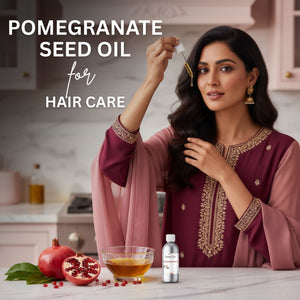 Woman applying pomegranate seed oil to her hair with text 'Pomegranate Seed Oil for Hair Care' in a kitchen setting.