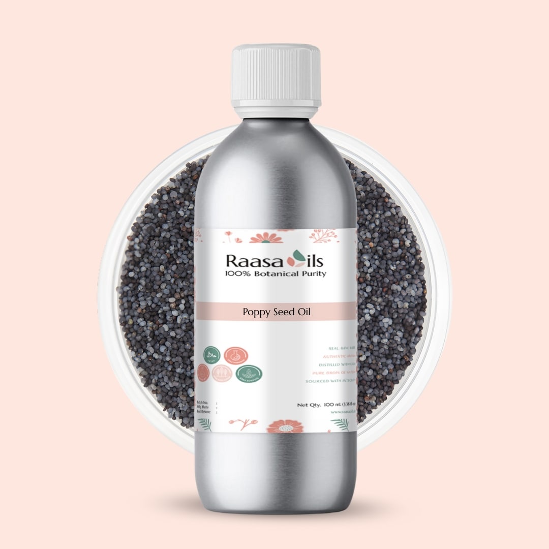 Bottle of Raasa Oils poppy seed oil with seeds in the background on a pink background
