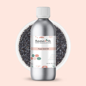 Bottle of Raasa Oils poppy seed oil with seeds in the background on a pink background