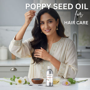 Woman with long hair holding a dropper over her hair, with poppy seed oil for hair care displayed.