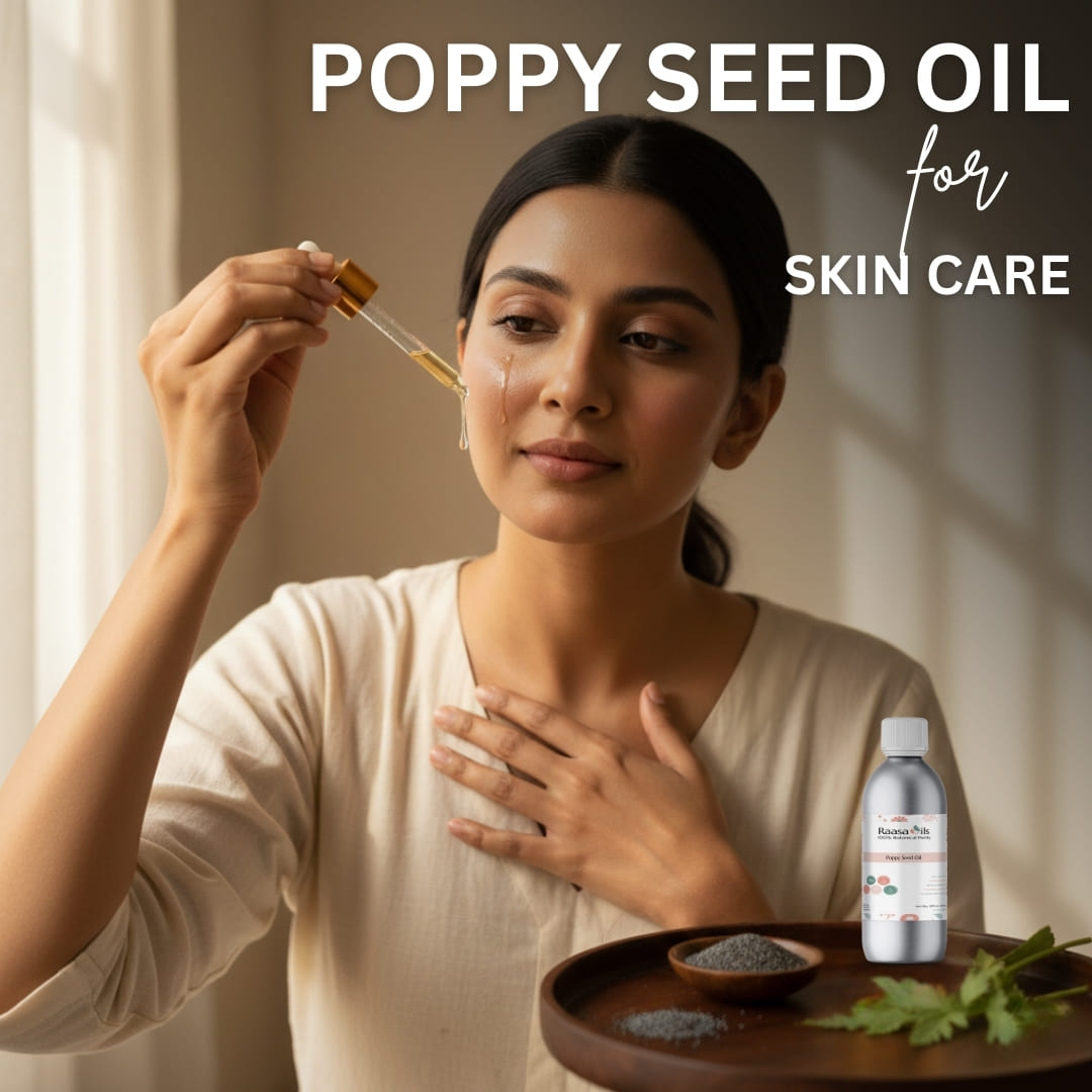 Woman applying poppy seed oil to her skin with a dropper, next to a bottle of poppy seed oil on a tray.