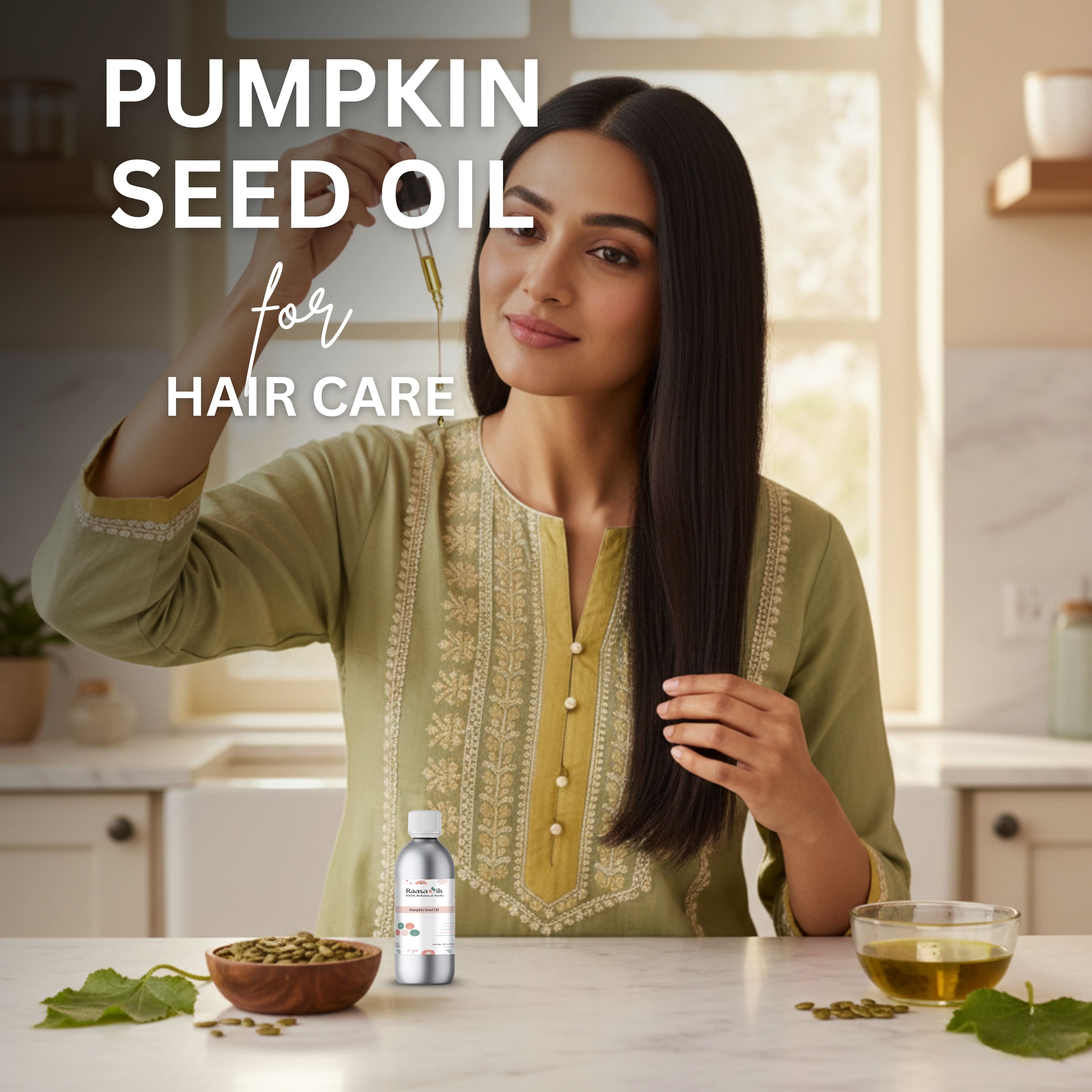 Woman with long hair holding pumpkin seed oil, with text 'Pumpkin Seed Oil for Hair Care' in a kitchen setting.