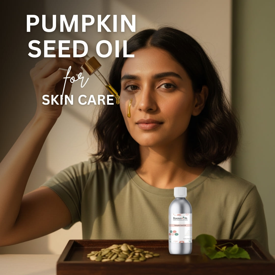 Woman with pumpkin seed oil dropper and bottle on a wooden tray with pumpkin seeds.