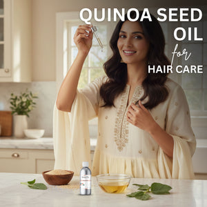 Woman using quinoa seed oil for hair care in a kitchen setting