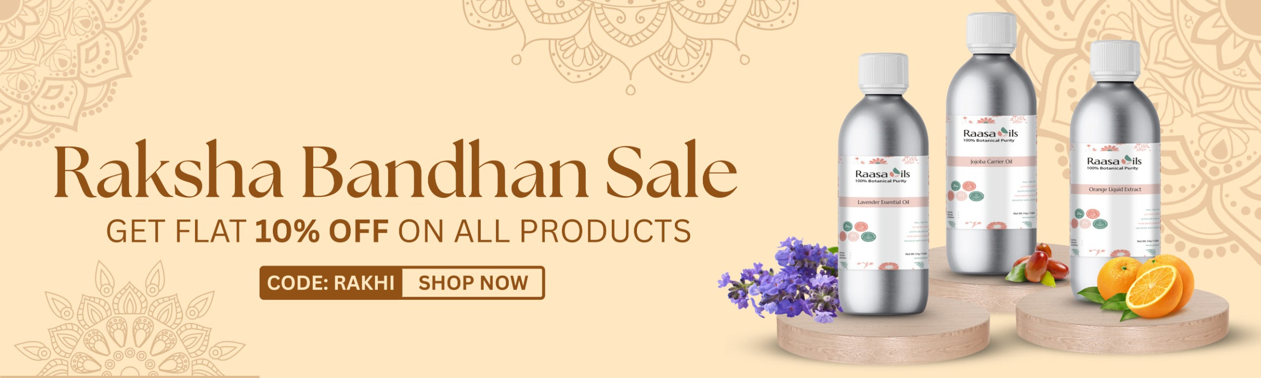 Promotional banner for Raksha Bandhan Sale with products and offer details on a beige background.