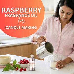 Woman pouring liquid into a glass with raspberry fragrance oil for candle making, surrounded by raspberries and a bottle of the product.