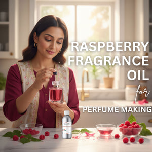Woman holding a raspberry fragrance oil bottle with ingredients on a table.