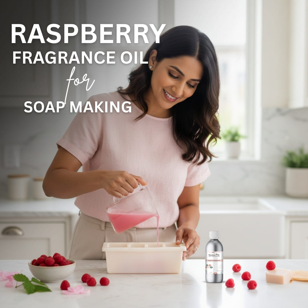 Woman pouring raspberry fragrance oil into a soap-making container with text 'Raspberry Fragrance Oil for Soap Making'.
