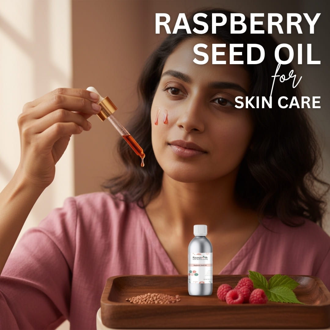 Woman holding a dropper with raspberry seed oil over her face, with a bottle and raspberries on a tray.