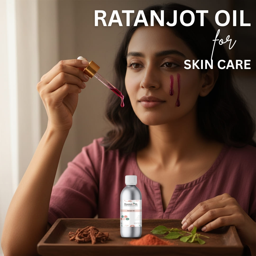 Woman holding a dropper with Ratanjot Oil for skin care, surrounded by natural ingredients on a wooden tray.