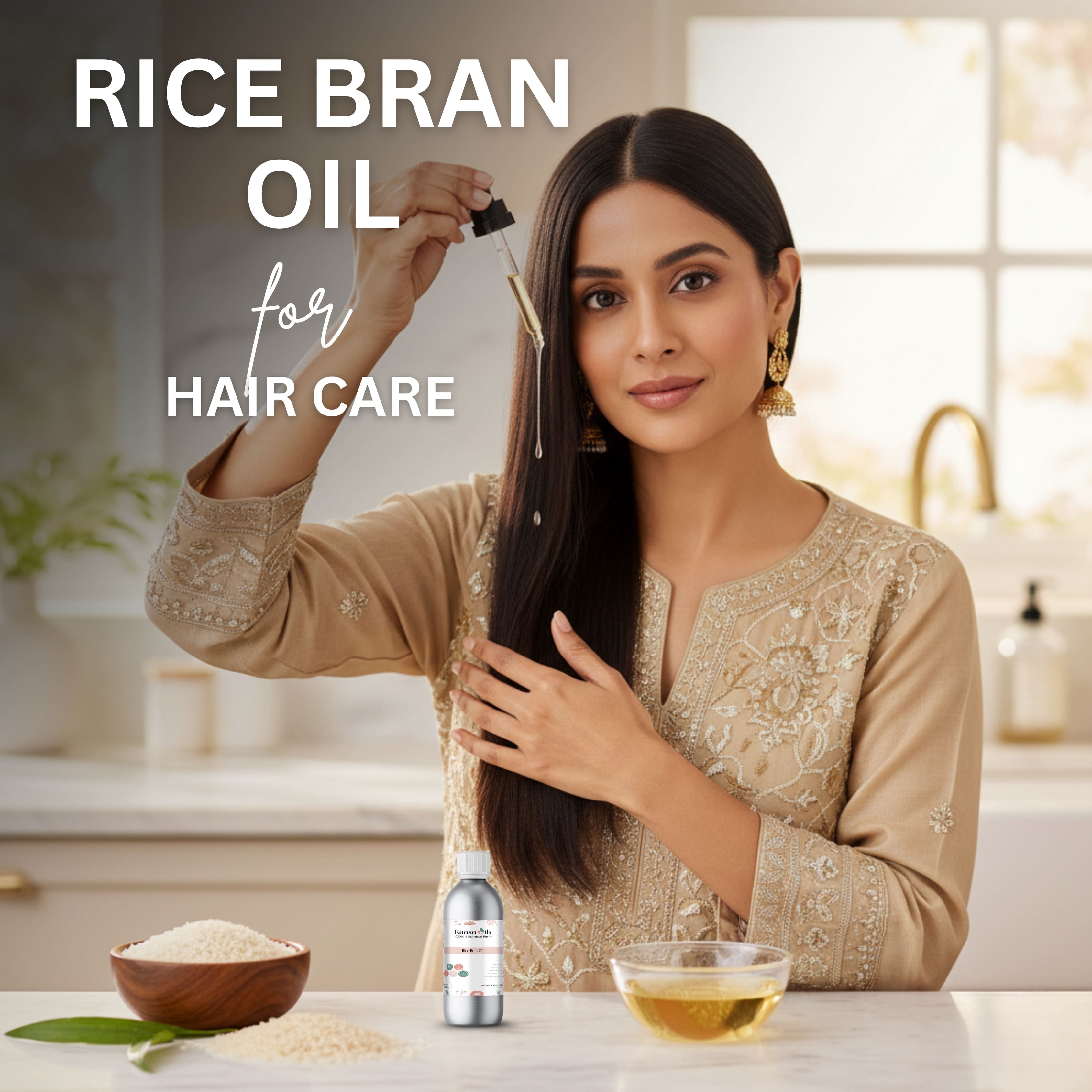 Woman applying rice bran oil to her hair with text about rice bran oil for hair care.