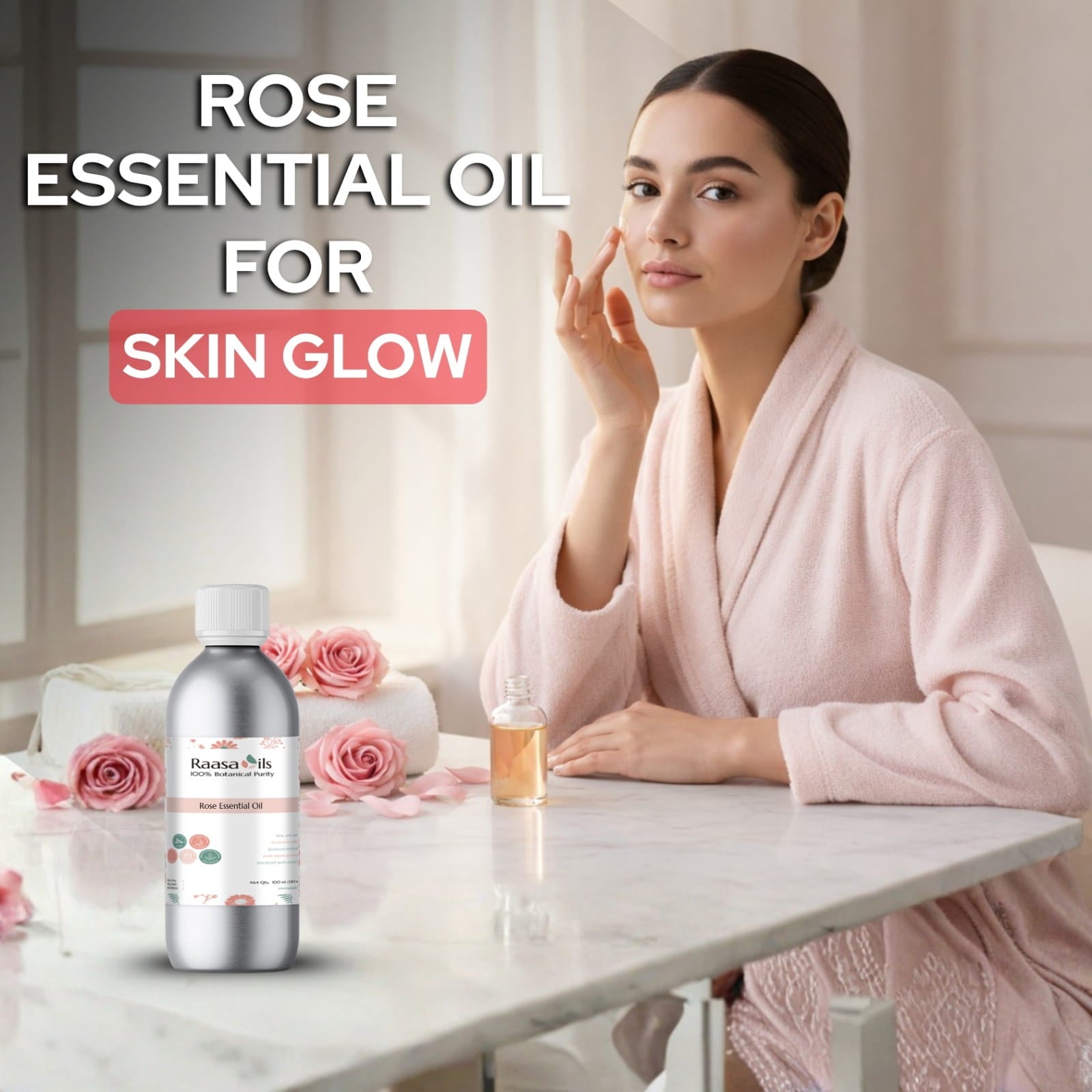 Woman in a bathrobe with rose essential oil for skin glow, bottle and roses on a table.