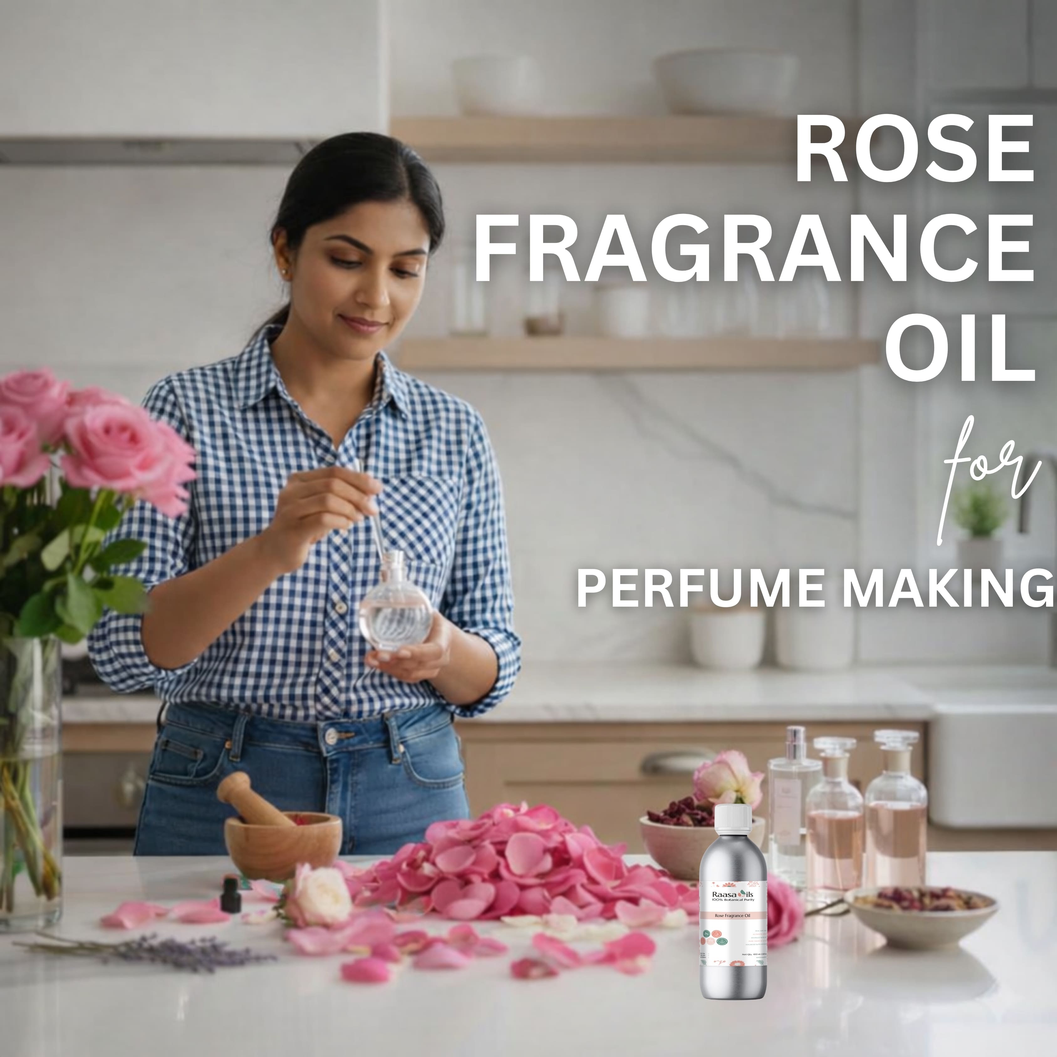 Woman making rose fragrance oil in a kitchen setting with rose petals and bottles on the counter.