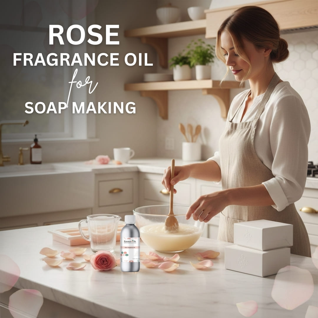 Woman making soap in a kitchen with rose fragrance oil text overlay